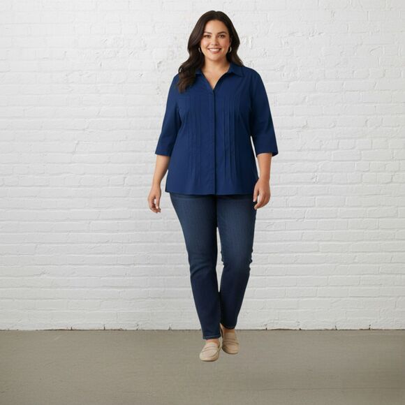 Lafayette 148 New York Blouse 20 Pintuck 3/4 Sleeve Button Down Navy Blue - Picture 1 of 14